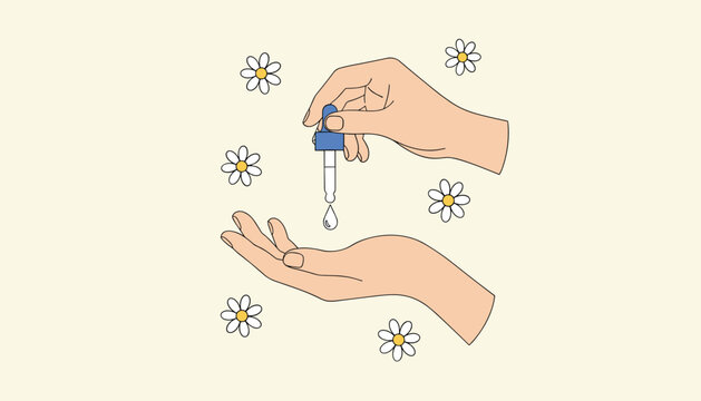 Human hands holding a glass dropper release a drop of liquid while surrounded by floating daisy flowers on a light beige minimal background.