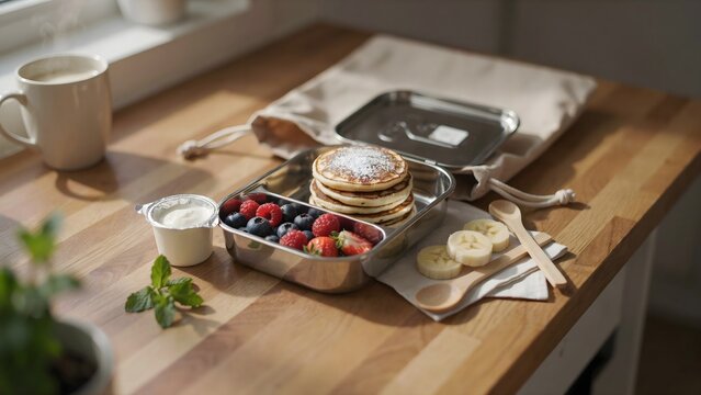 Bento lunchbox with mini pancakes and berries &ndash; Great for kids meal planning, healthy breakfast ideas, or school food campaigns.