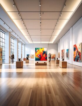 Modern art gallery interior with contemporary paintings and sculptures.