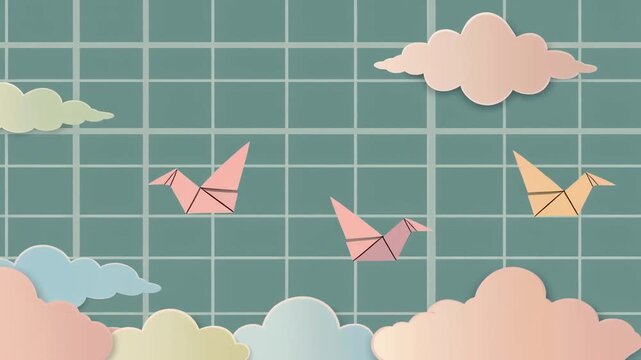 Origami Cranes Flying in a Dreamy Sky with Paper Clouds, Pastel Colors