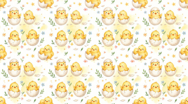 Cute Baby Chicks Hatching from Eggs Watercolor Nursery Pattern