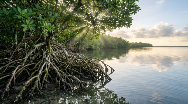 Mangrove tree roots along calm lake with sun rays through foliage