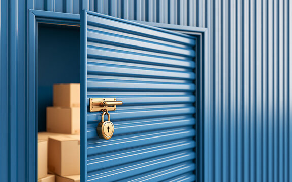 Blue self storage unit door open showing stacked cardboard boxes
