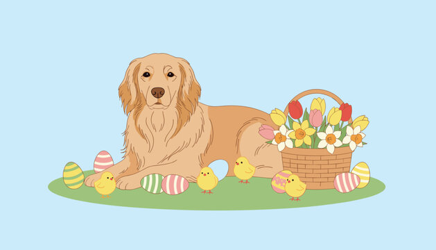 Golden retriever dog lies on grass with colorful easter eggs and yellow baby chicks beside a wicker basket full of spring flowers nearby.