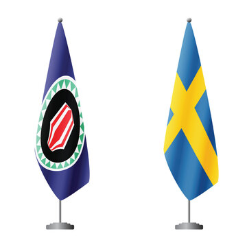 Bougainville and Sweden flags on flagpoles for official ceremonies and meetings, transparent background vector