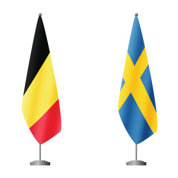 Belgium and Sweden flags on flagpoles for official ceremonies and meetings, transparent background vector