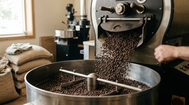 Coffee Beans Being Roasted in Industrial Coffee Roaster Machine