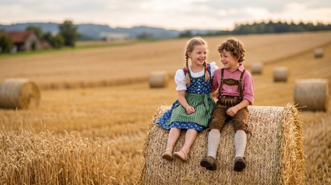 Happy children in traditional Bavarian costumes sit on a hay bale in a golden wheat field during harvest