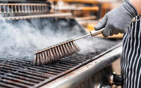 Hands in gloves cleaning hot grill with metal brush