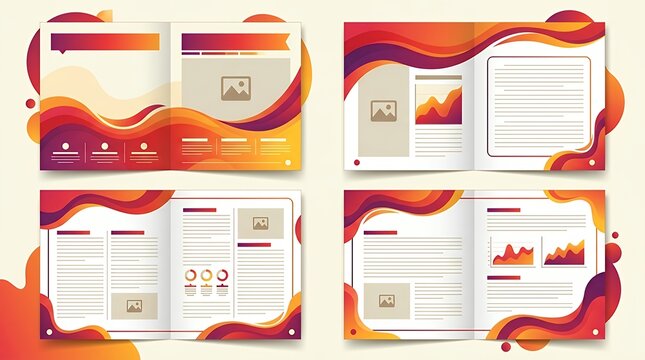 Collection Of Four Corporate Publication Layout Templates Featuring Vibrant Fluid Wave Shapes and Warm Spectrum Gradients With Dedicated Copy Space brochure template layout cover design annual report