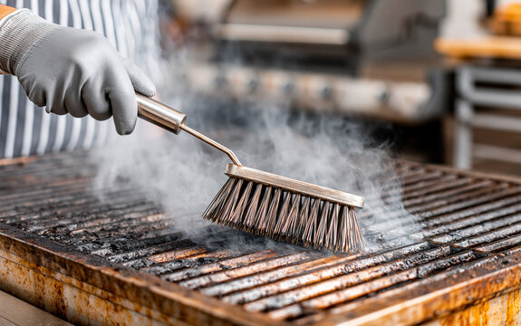 Hands in gloves cleaning hot grill with metal brush