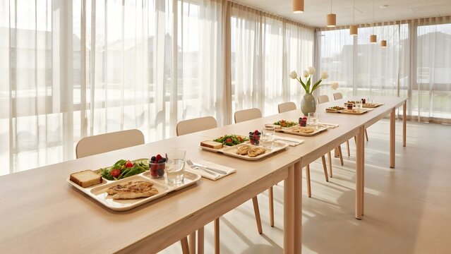 Empty cafeteria table set with nutritious food trays &ndash; Great for back to school campaigns, institutional catering, or youth wellness.