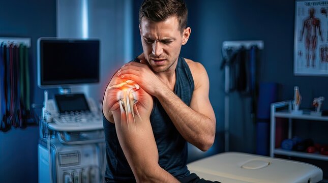 Young Man Injured Shoulder Painful Ahift in Medical Clinic