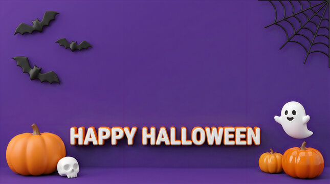 Festive seasonal background featuring creative halloween 3d typography with cute pumpkins ghosts and flying bats on a dark purple surface