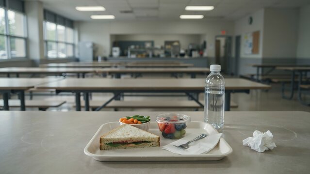 Healthy cafeteria lunch tray on empty dining table &ndash; Ideal for back to school concepts, education facilities, or youth wellness.