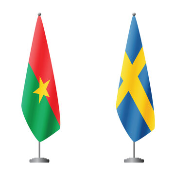 Burkina Faso and Sweden flags on flagpoles for official ceremonies and meetings, transparent background vector