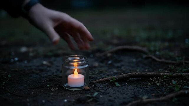 Hand gently places a glowing candle in a jar on dark, slightly muddy ground at dusk