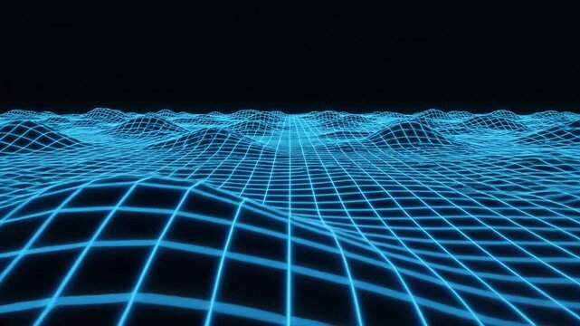 Abstract digital blue grid terrain with perspective over black background