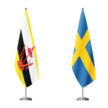 Brunei and Sweden flags on flagpoles for official ceremonies and meetings, transparent background vector