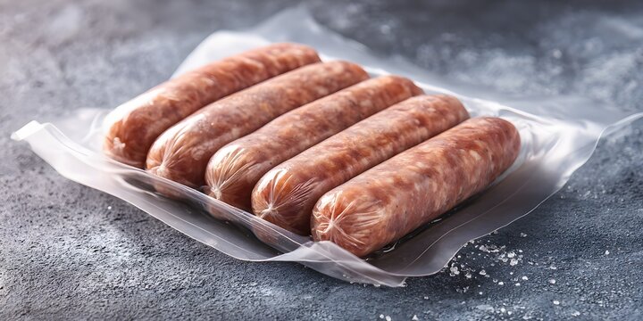 Vacuumsealed raw pork sausages neatly arranged on dark textured surface