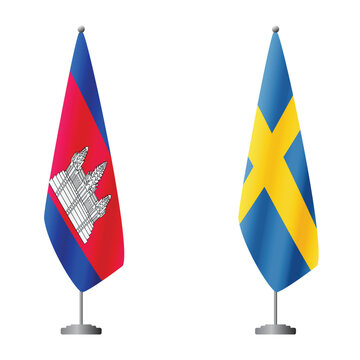 Cambodia and Sweden flags on flagpoles for official ceremonies and meetings, transparent background vector