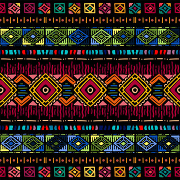 Folk geometric seamless pattern. Tribal motif. Mexican border vector background. Multicolor bright zigzag stripe print