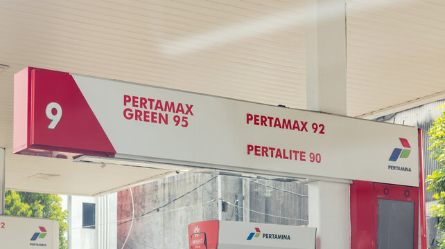 Jakarta, Indonesia - August 12, 2026: Fuel product names at a Pertamina fuel filling station