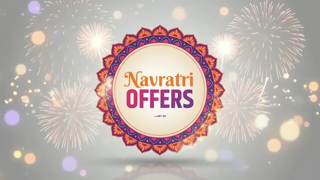Navratri festive offer animation with traditional dancers, dandiya sticks, fireworks and colorful confetti