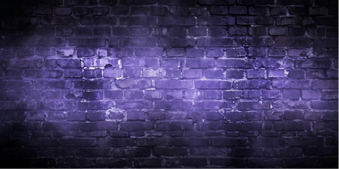 Fototapeta premium An old, dark, and weathered brick wall with a cool purple glow and hints of mist.