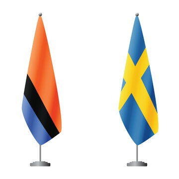 Chagos Islands and Sweden flags on flagpoles for official ceremonies and meetings, transparent background vector