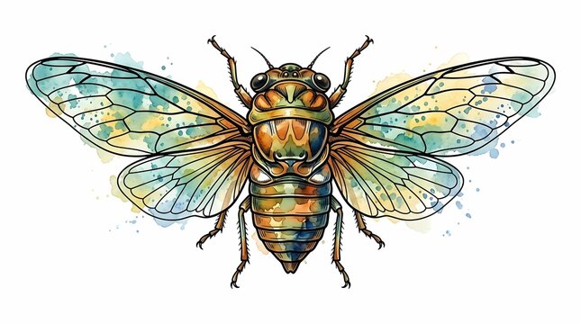 Detailed cicada vector illustration with watercolor textures