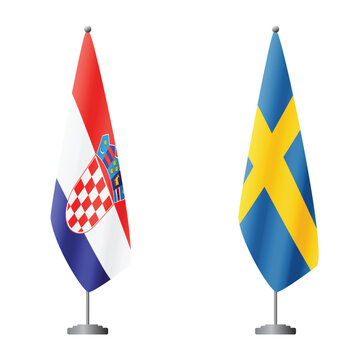 Croatia and Sweden flags on flagpoles for official ceremonies and meetings, transparent background vector