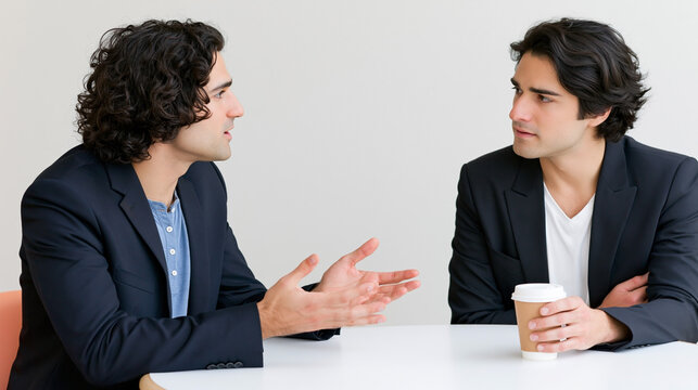 Two young men yapping during casual conversation, one gesturing while talking and the other listening with coffee, showing communication and discussion