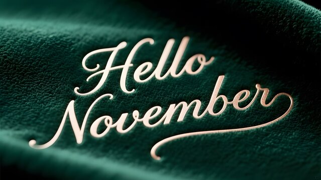 Hello November elegant script text on green velvet, seasonal greeting on soft fabric texture, cozy autumn month typography