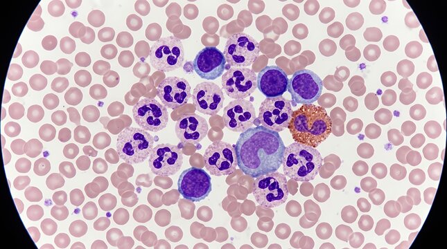 Microscopic View Of White Blood Cells In Complete Blood Count Sample Analysis leukemia acute leukemia neutrophils basophil blood cells cbc microscopic medical hematology laboratory health science
