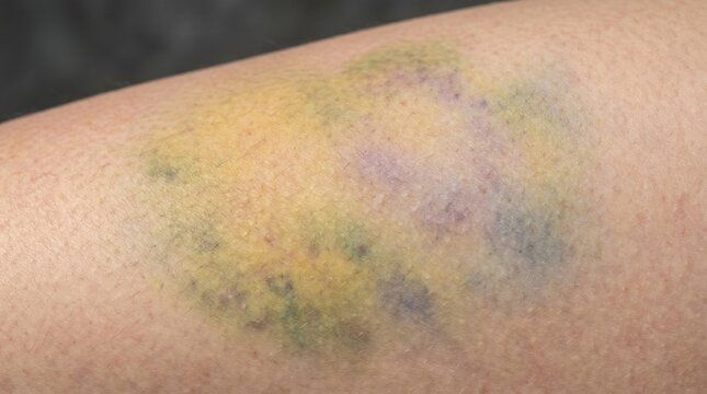 Macro close up of a healing yellow and purple bruise hematoma on human skin.