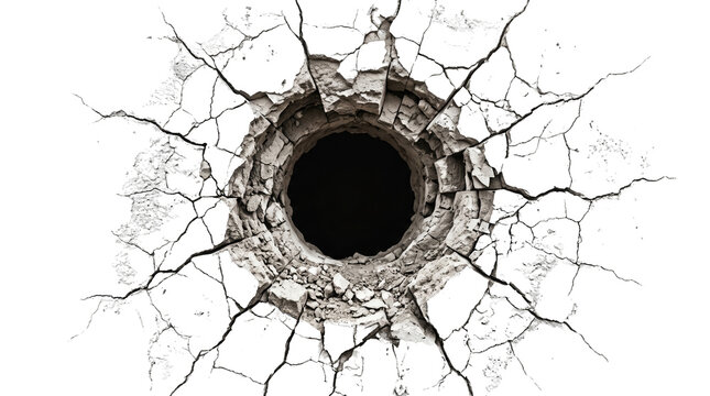 Cracked hole with broken wall texture isolated on a transparent background