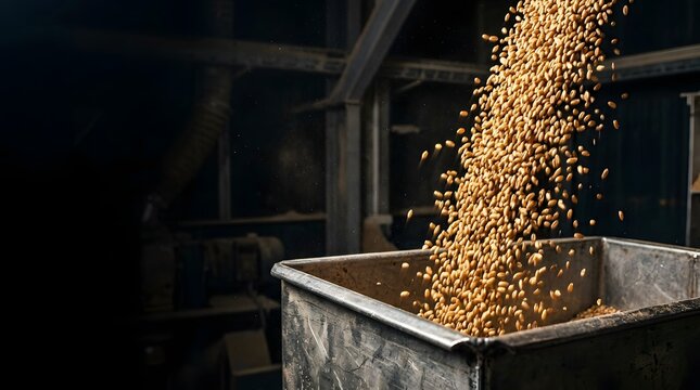 Golden grain pouring into metal bin at agricultural facility