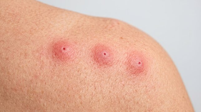 Macro close up of three inflamed red mosquito bug bites or pimples on skin.
