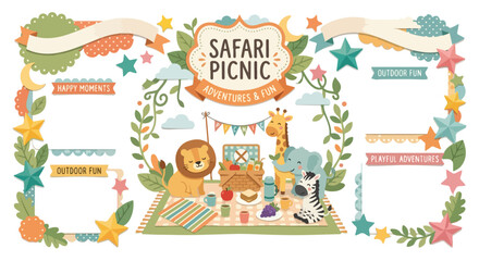 Fototapeta premium A cute vector scrapbook layout featuring adorable safari animals having a picnic with blank space for memories.
