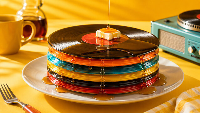 Stack of vinyl records served like pancakes as music taste and playful breakfast concept