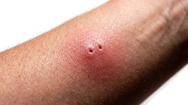 Close up of a red swollen spider bite with puncture wounds on human skin.