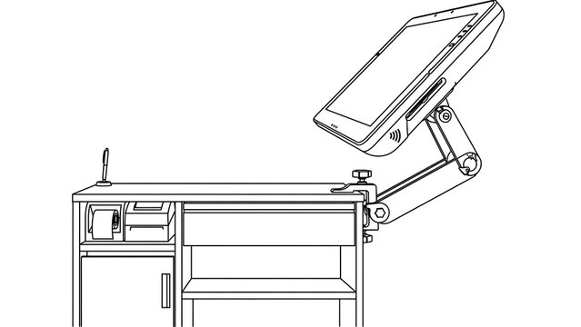 Adjustable monitor arm on desk white background.