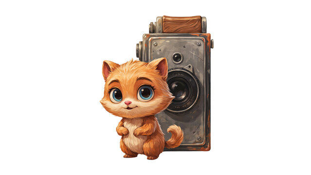 Cute orange kitten standing in front of a vintage twin lens reflex camera on a wooden surface isolated on a transparent background