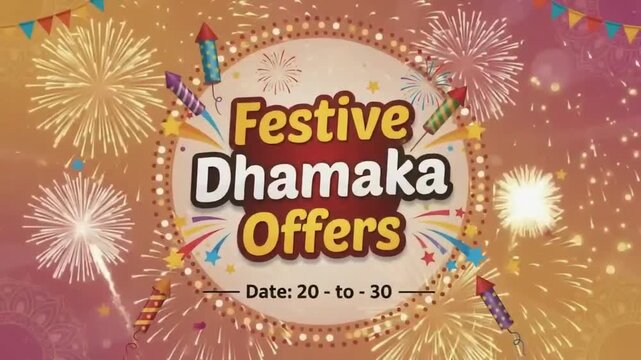 Festive Dhamaka Offers Promotional Celebration Graphic with Fireworks Confetti and Decorative Frame