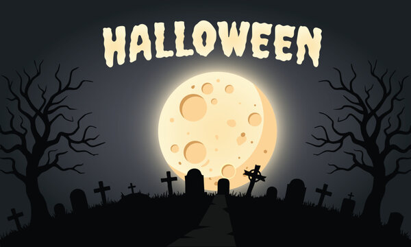 Halloween graveyard card banner poster background set with full night moon, bare trees, tombstones and flying bats on dark night gradient sky