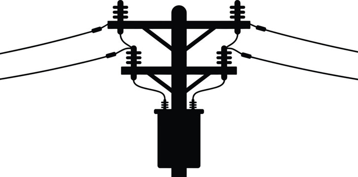 A close up black silhouette of a single utility pole featuring a mounted electrical transformer and power lines with insulators on a plain white background