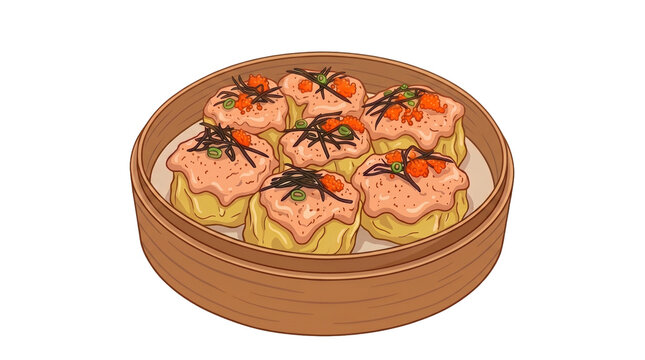 ​Steamed Dim Sum with Mentai Sauce Topping in Bamboo Steamer