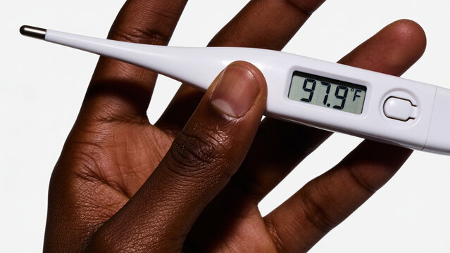 Extreme close-up of a dark skin hand holding a digital thermometer with normal healthy temperature on a monochrome display. Perfect vital signs, recovery confirmation and medical wellness concept