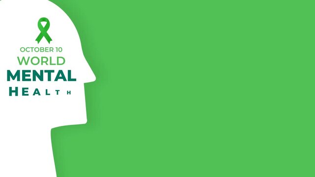 World Mental Health Day Awareness Background with Green Ribbon and Human Head Silhouette